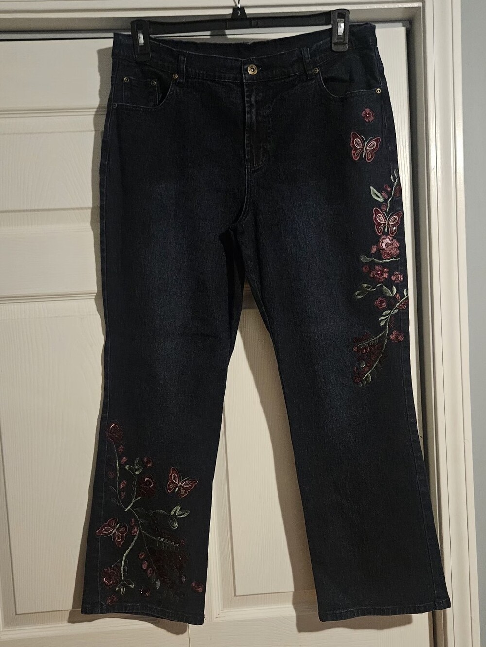 Diane Gilman Dark Wash Embroidered Embellished Butterfly Kickflare Jeans Sz. 14P